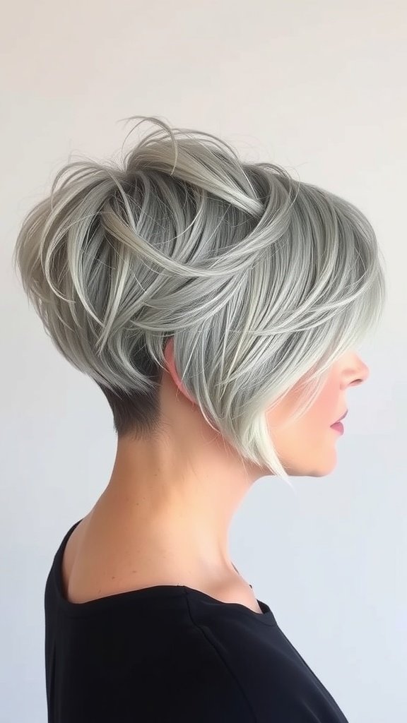 A stylish gray pixie hairstyle with an undercut, showcasing layers and a modern look.