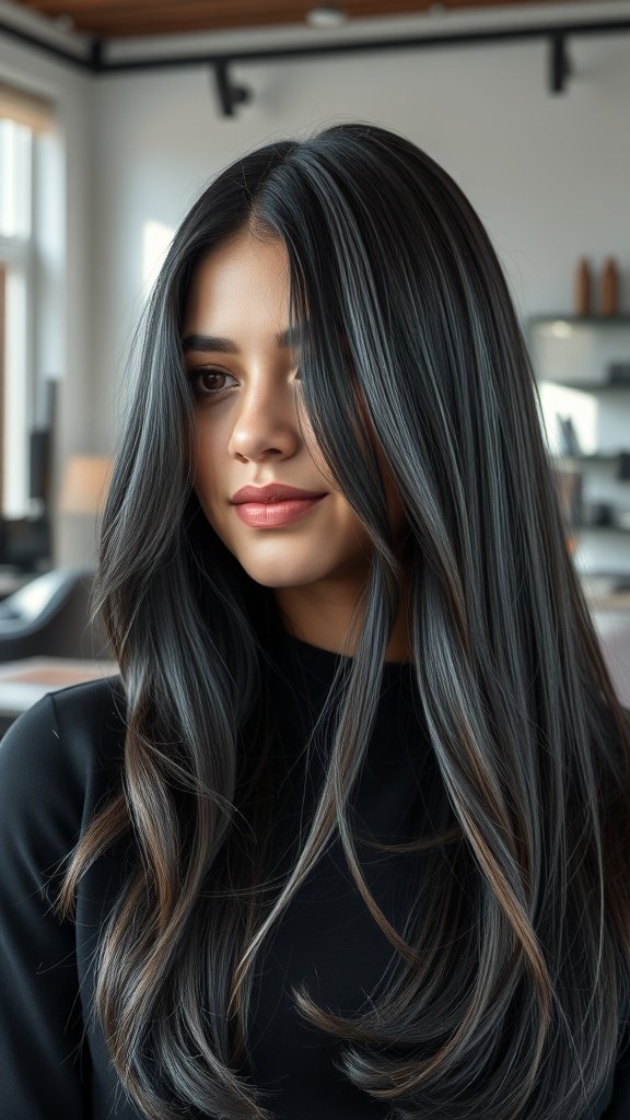 A woman with dark hair featuring grayscale full spectrum highlights, showcasing a modern and sophisticated hairstyle.