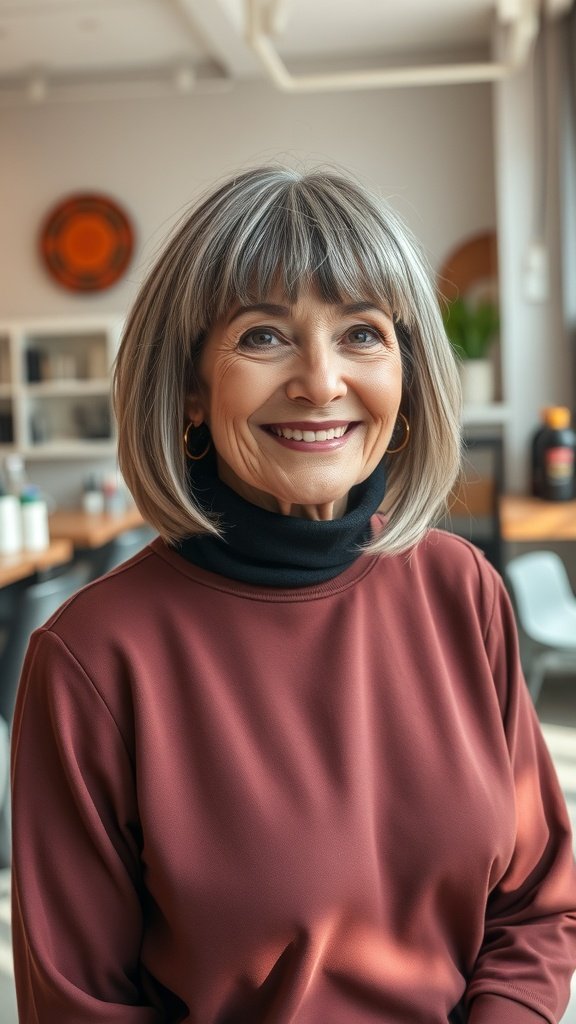 A woman with a lob hairstyle and long textured bangs, smiling in a cozy indoor setting.