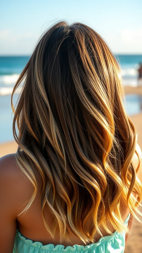 A woman with long shag haircut and beachy waves, standing by the ocean.