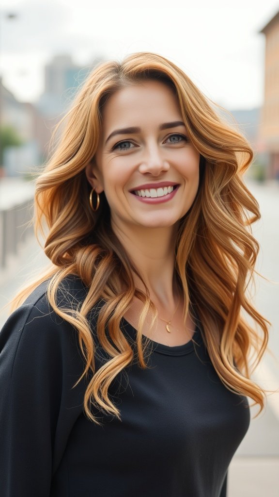 A woman with long wavy layers and textured ends, smiling outdoors