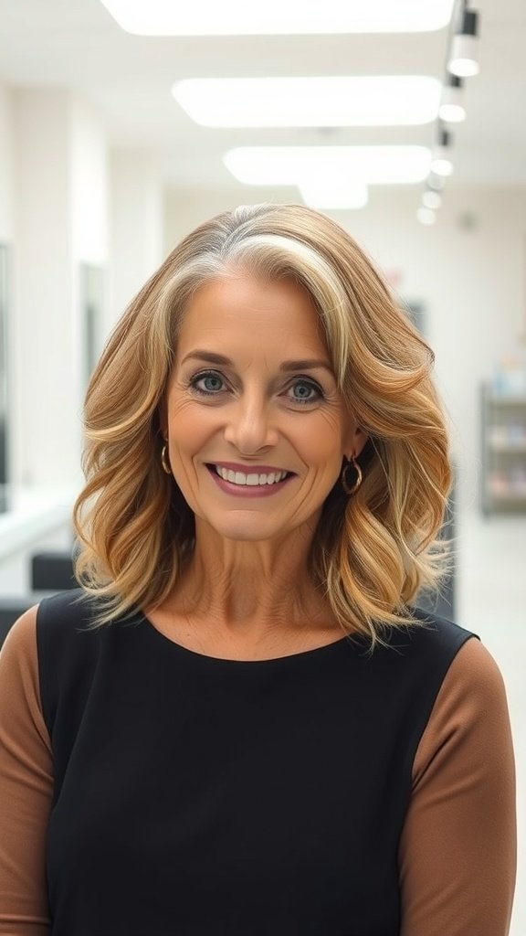 A smiling woman with medium-length wavy hair and highlights, showcasing a trendy hairstyle.