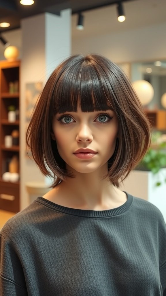A woman with a mid-length bob hairstyle featuring blunt bangs, looking stylish and confident.