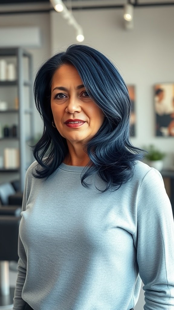 Mid-length hairstyle in midnight blue with gentle layered waves