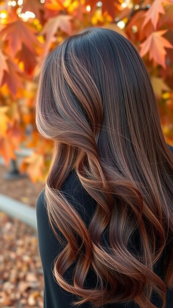 A woman with muted merlot balayage hair, styled in soft waves, standing in front of autumn leaves.