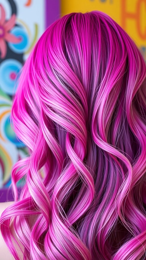 A close-up view of hair styled with orchid pink tips, featuring vibrant pink and lighter shades in beautiful curls.