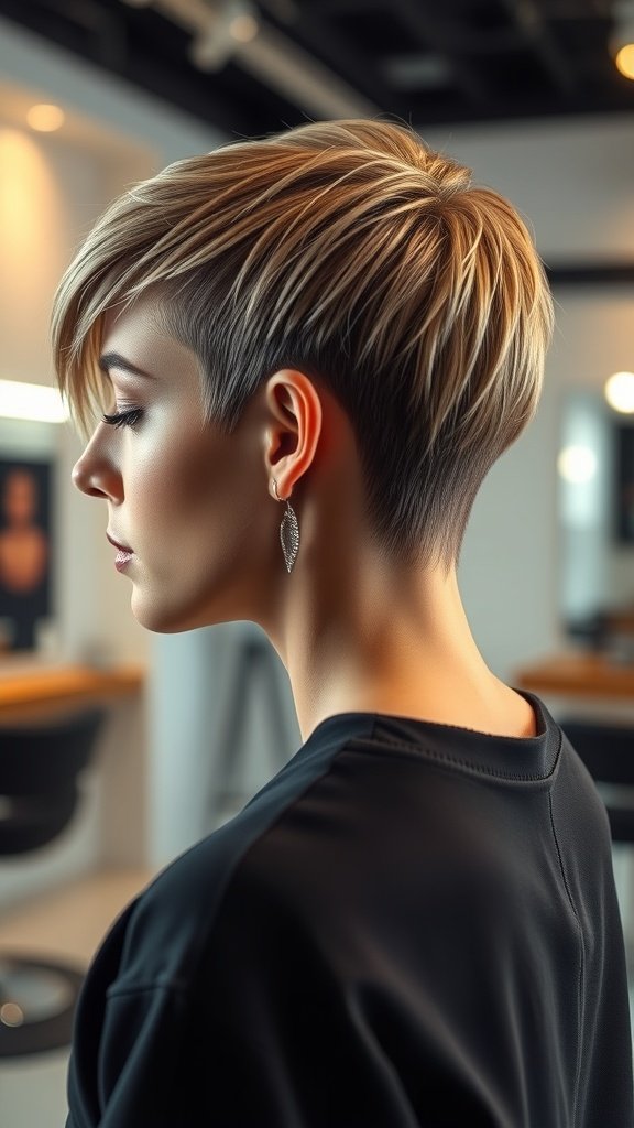 A woman with a pin-straight wolf cut hairstyle, showcasing defined layers and a sleek finish.