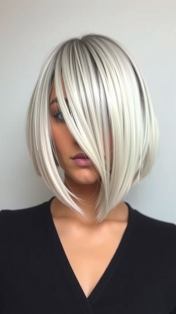 A stylish platinum bob hairstyle with dark roots, showcasing a modern and edgy look.