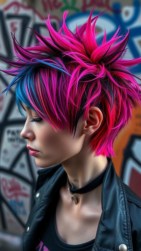 A woman with a punk rock shag hairstyle featuring spiky texture and vibrant pink and blue colors.