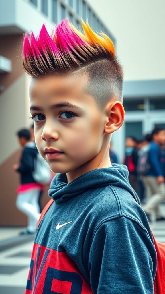 A young boy with a vibrant Razor-Cut Mohawk hairstyle, featuring pink and orange spikes, wearing a hoodie.