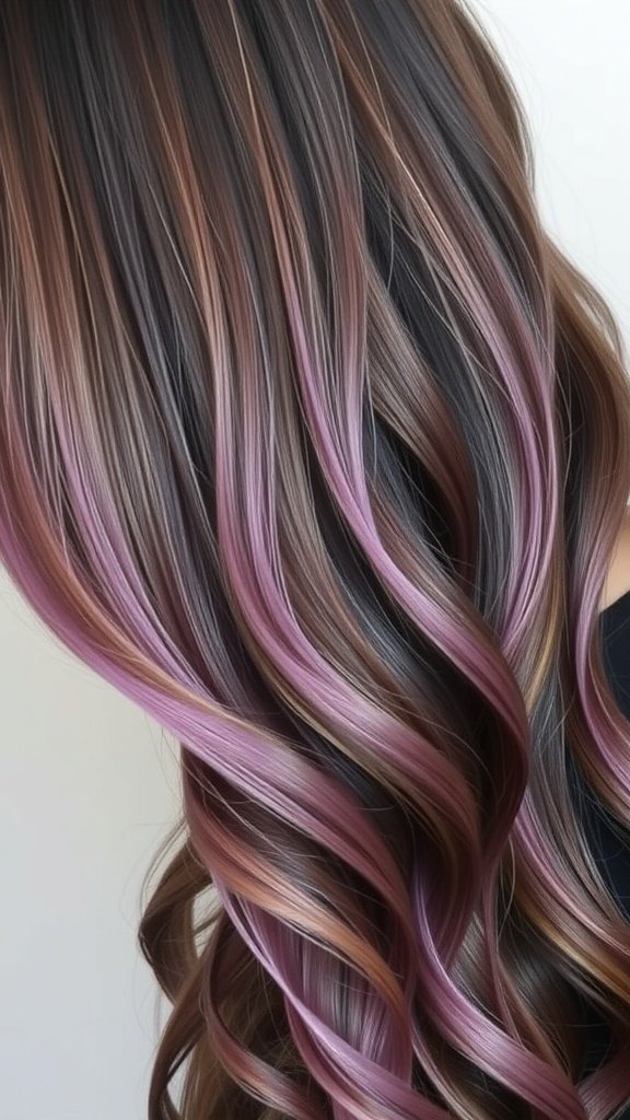 A close-up of long, wavy hair featuring rich brown color with icy lavender highlights.