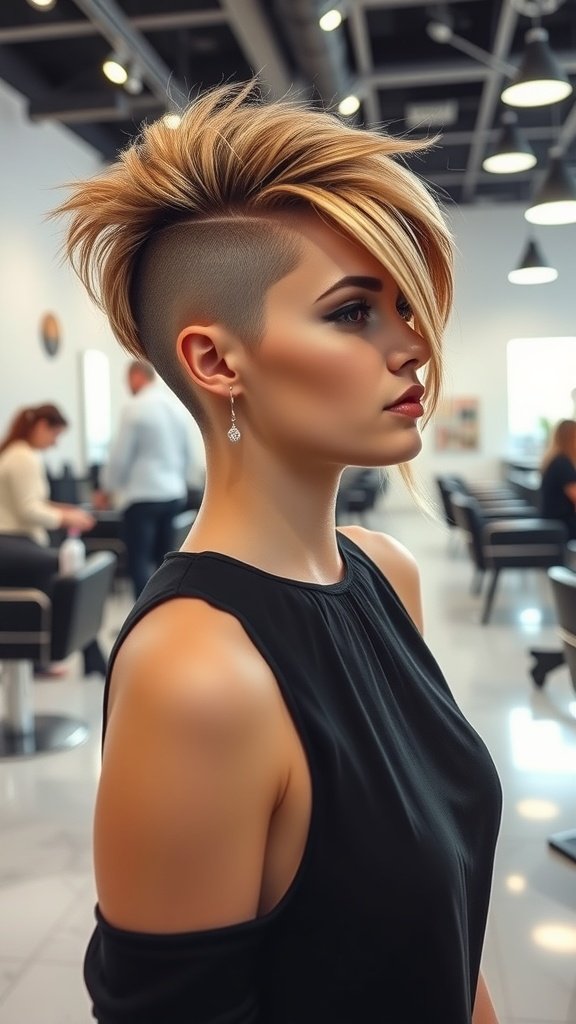 A woman with a shaved side hairstyle and long textured top, showcasing a stylish and edgy look.
