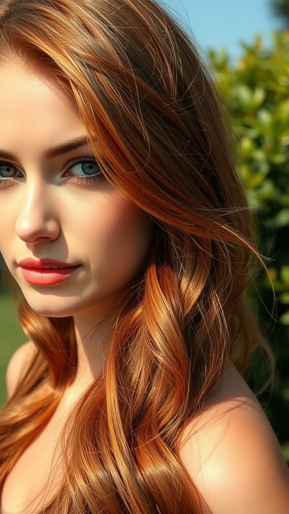 A woman with shimmering auburn hair styled in soft waves, showcasing a vibrant and elegant look.