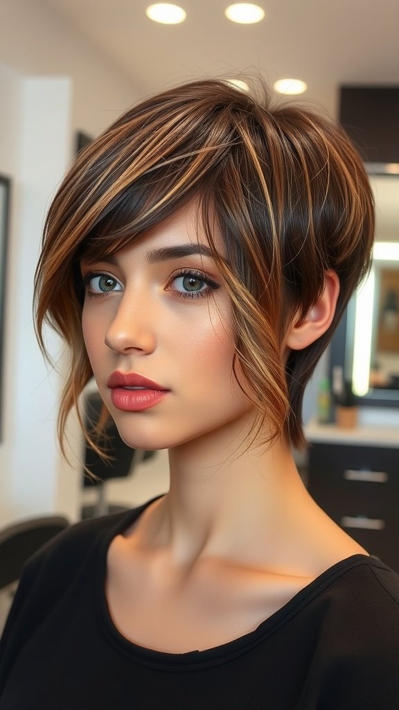 A woman with a brunette pixie haircut featuring shimmery golden highlights, showcasing a stylish and modern look.