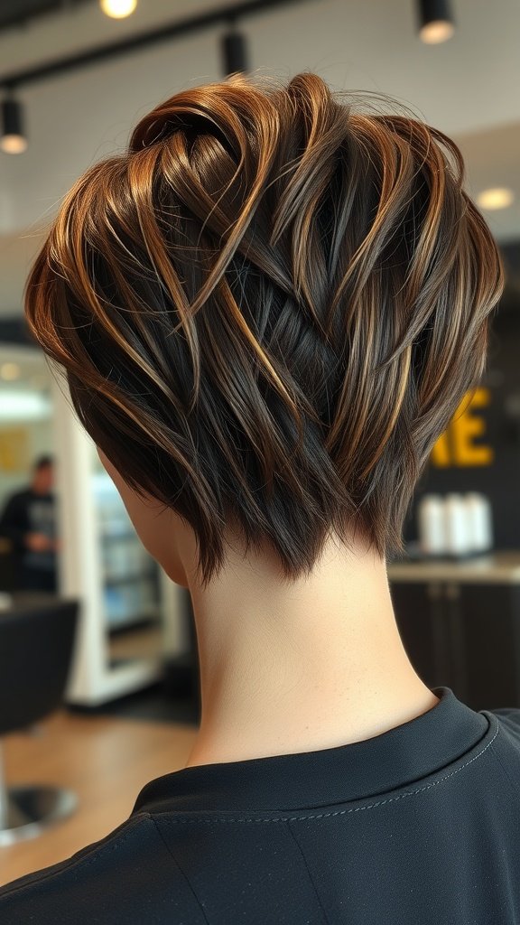 Brunette pixie haircut with golden highlights styled elegantly.