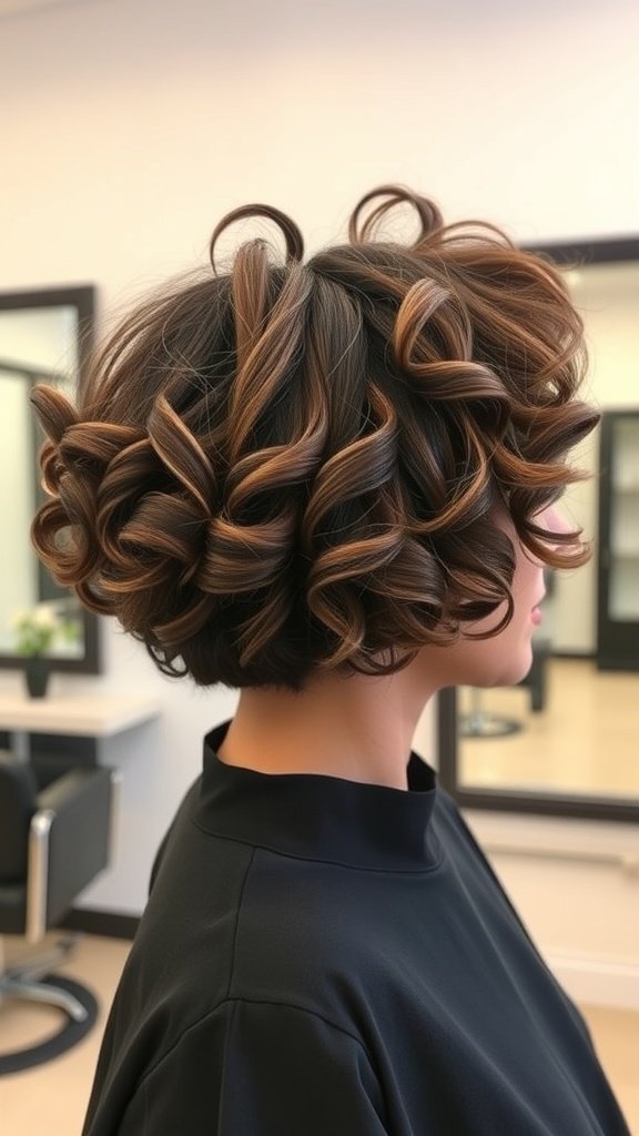 A woman with a short crop and bold Z-pattern perm hairstyle, showcasing defined curls and a stylish silhouette.