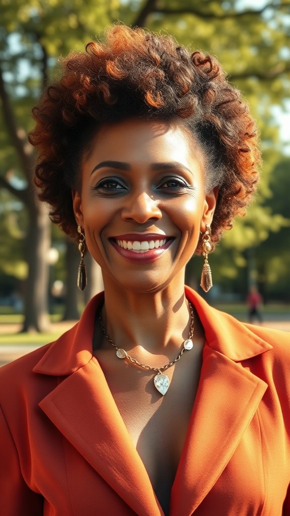 A woman with a short curly afro hairstyle, wearing an orange blazer and jewelry, smiling outdoors.