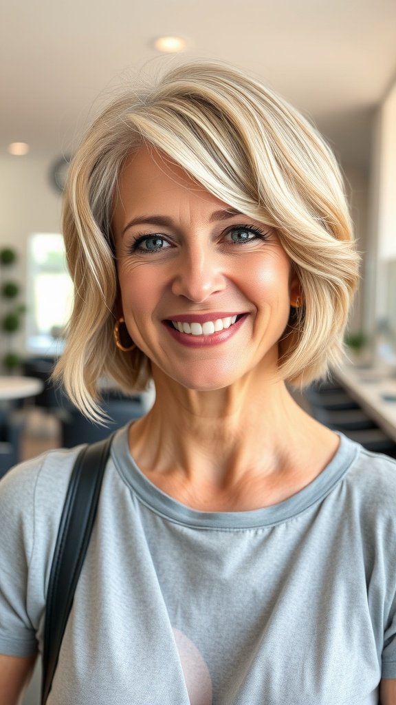 A woman over 50 with a short hairstyle featuring soft waves and side bangs, smiling in a modern setting.
