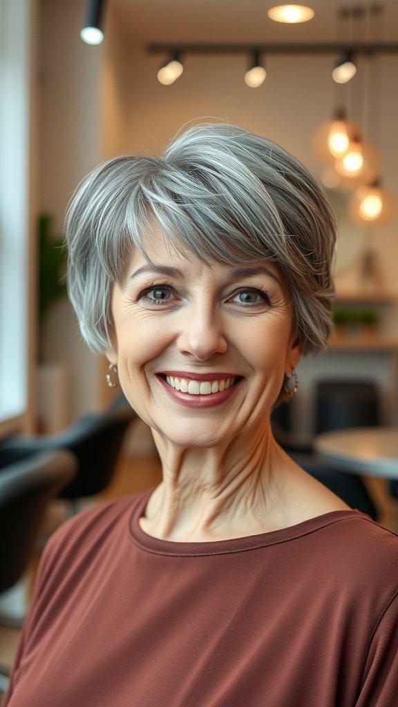 A woman with short gray hair and side-swept bangs, smiling confidently.