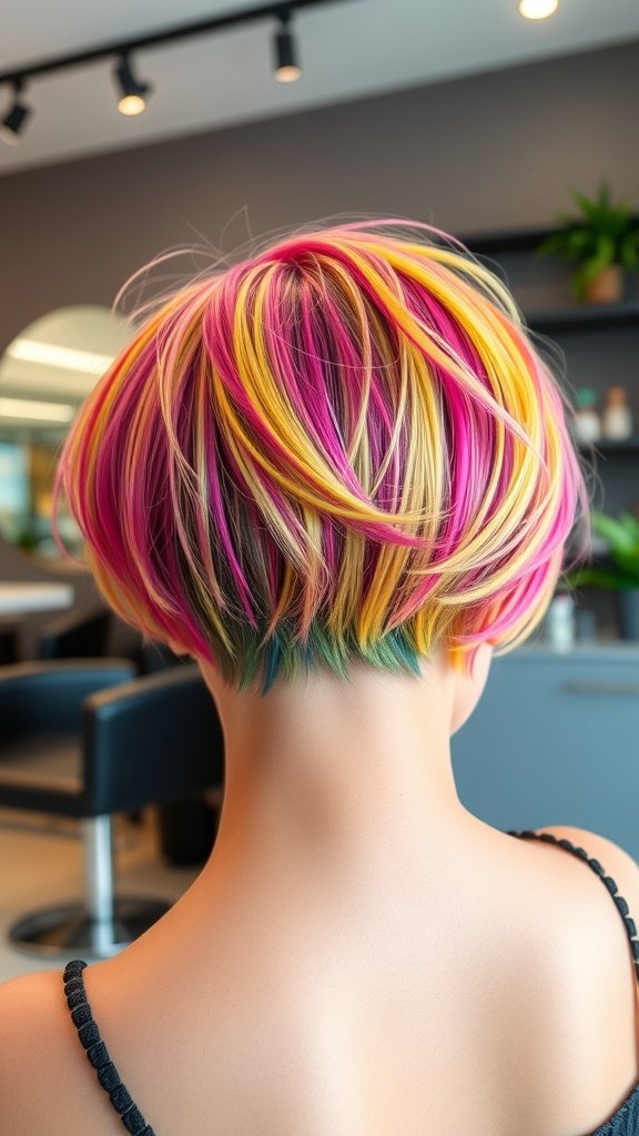 A stylish short shag pixie cut with neon highlights in pink, yellow, and green.