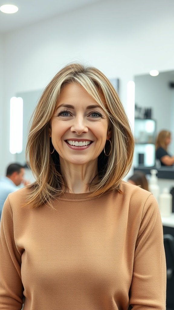 A woman with shoulder-length hair styled with layered ends, smiling confidently.