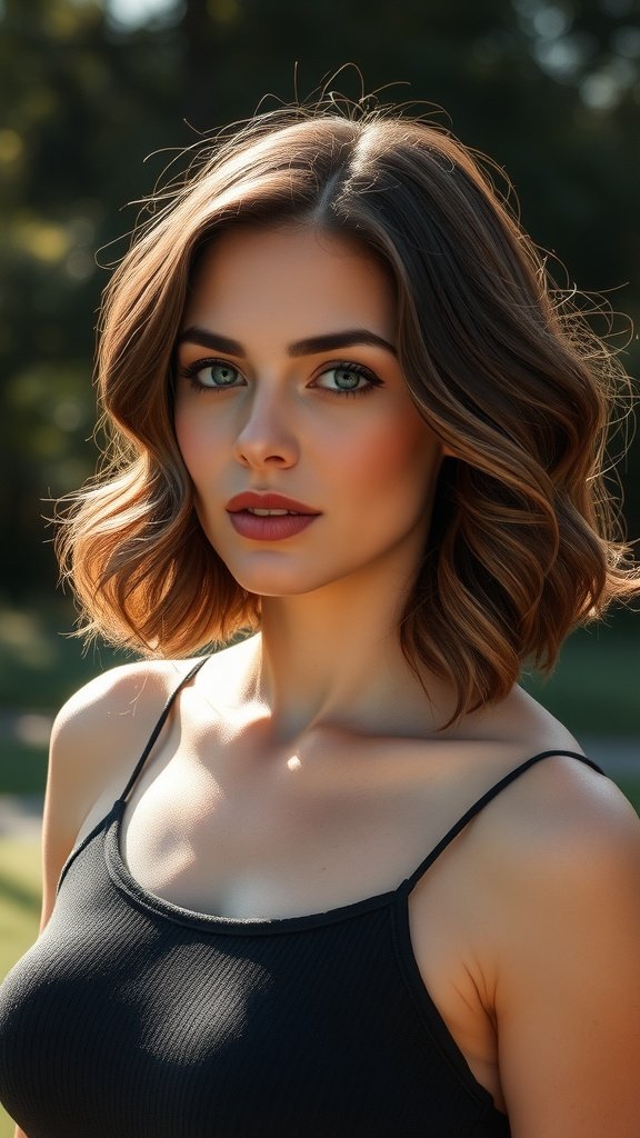 A woman with shoulder-length curly hair styled in romantic side-parted curls, showcasing a soft and elegant look.