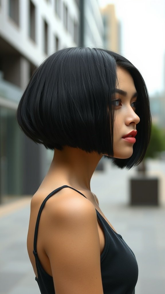 A woman with a sleek midnight black bubble bob hairstyle, showcasing a modern and stylish look.