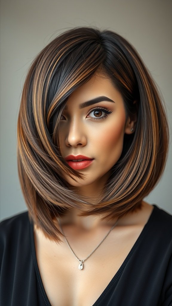 A woman with a polished bob hairstyle featuring sleek sideburns and a blend of rich hair colors.