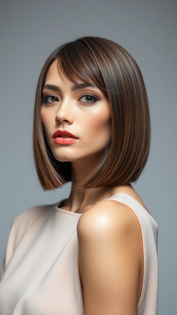 A woman with sleek straight hair and micro wispy bangs, showcasing a polished and chic hairstyle.