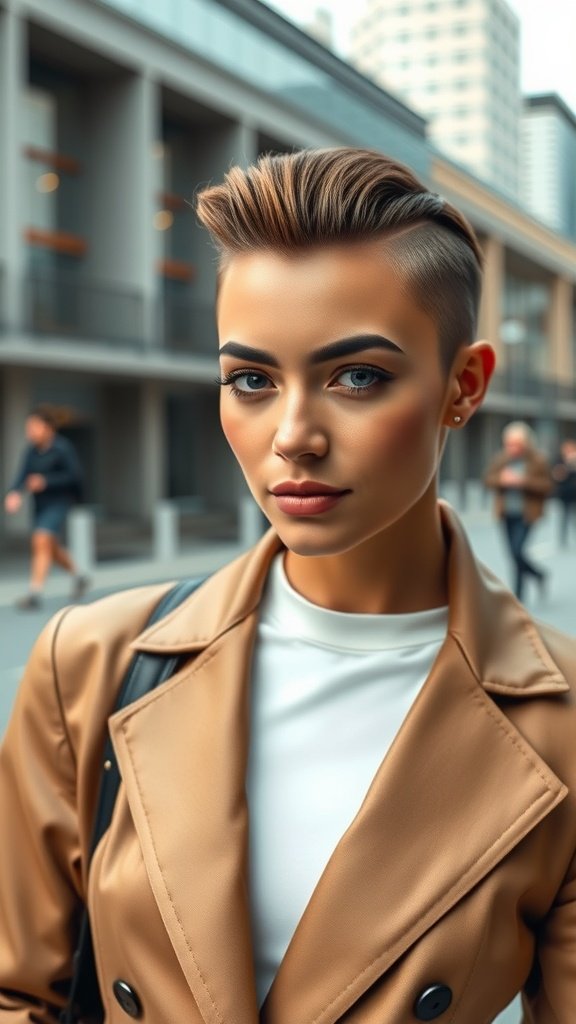 A stylish woman with a slicked-back micro bob hairstyle, wearing a beige coat, looking confidently at the camera.