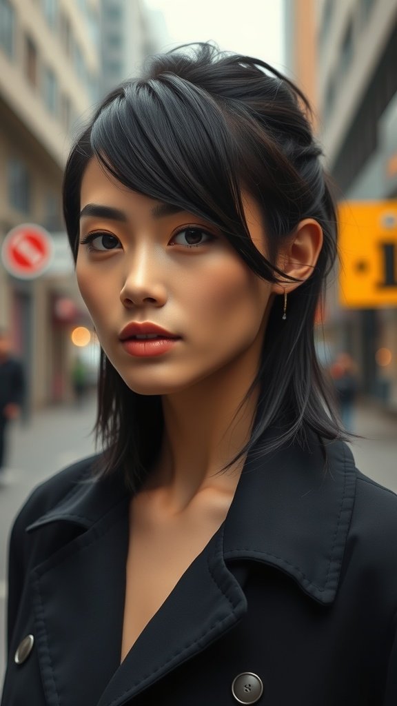A person with chin-length hair styled in a slicked-back wet look, wearing a black coat, with a city background.