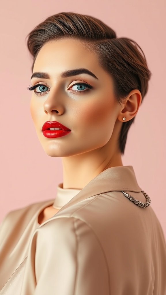 A woman with a slicked back short hairstyle, showcasing a polished look with bold red lips.