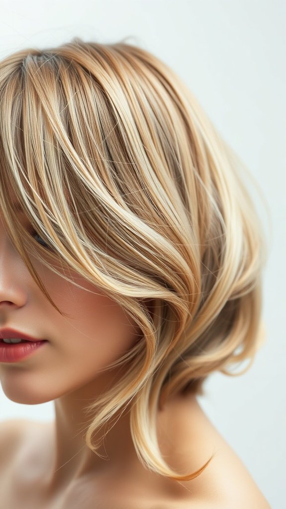 A close-up of a woman with soft shag hairstyle featuring subtle waves.