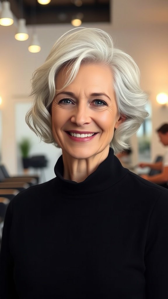 A woman over 70 with soft waves and an undercut hairstyle, smiling confidently.