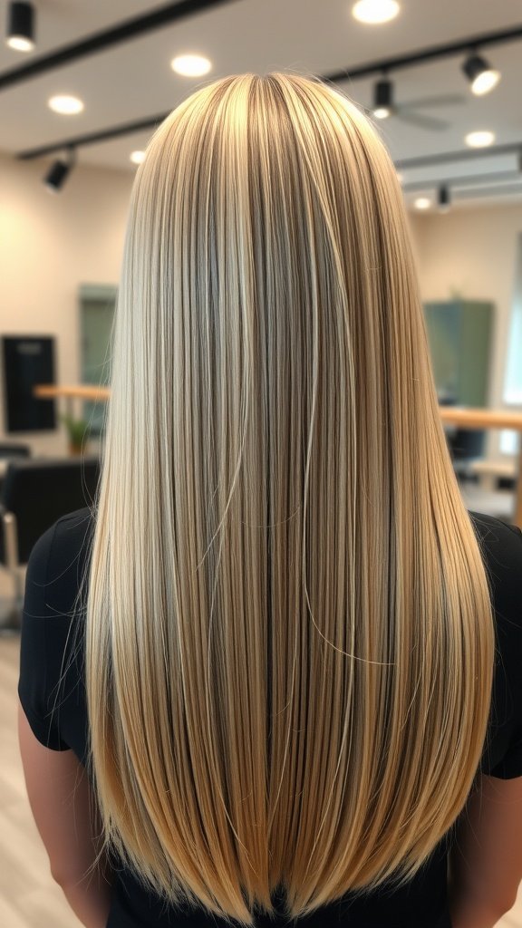 Straight blonde hair with jet black lowlights, showcasing a sleek and stylish look.