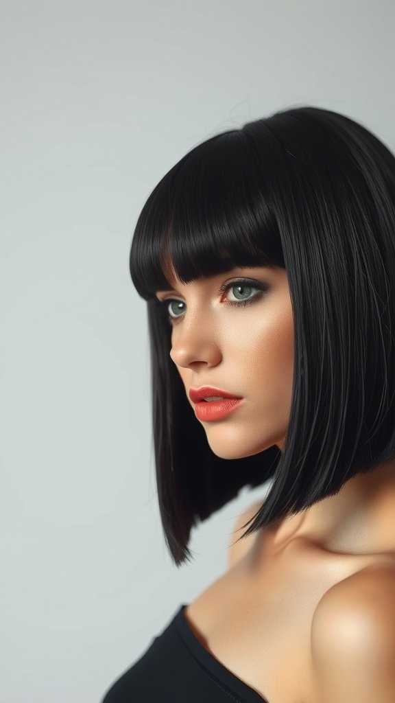 A woman with a straight bob hairstyle and sharp-edged bangs, showcasing a sleek and modern look.