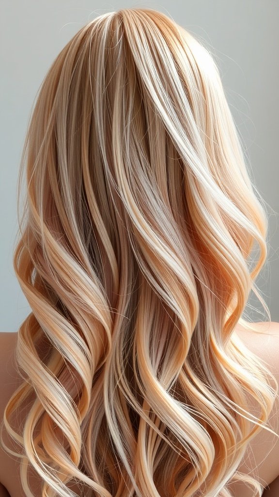 Long wavy hair in strawberry blonde with platinum streaks