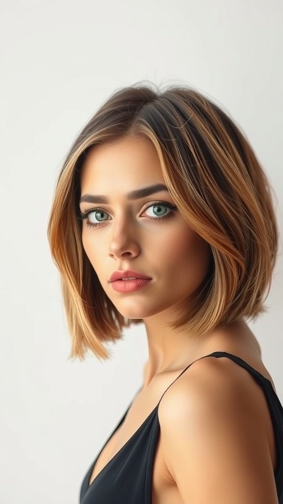 A woman with a textured blunt bob hairstyle featuring slight waves, showcasing a modern and stylish look.