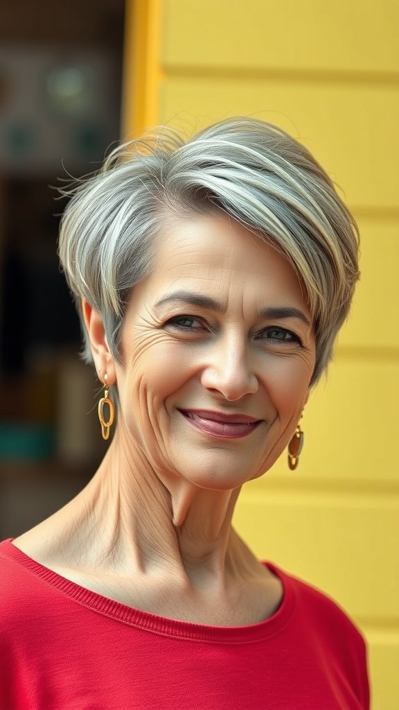 A woman with a textured pixie hairstyle featuring tapered sides, smiling confidently.