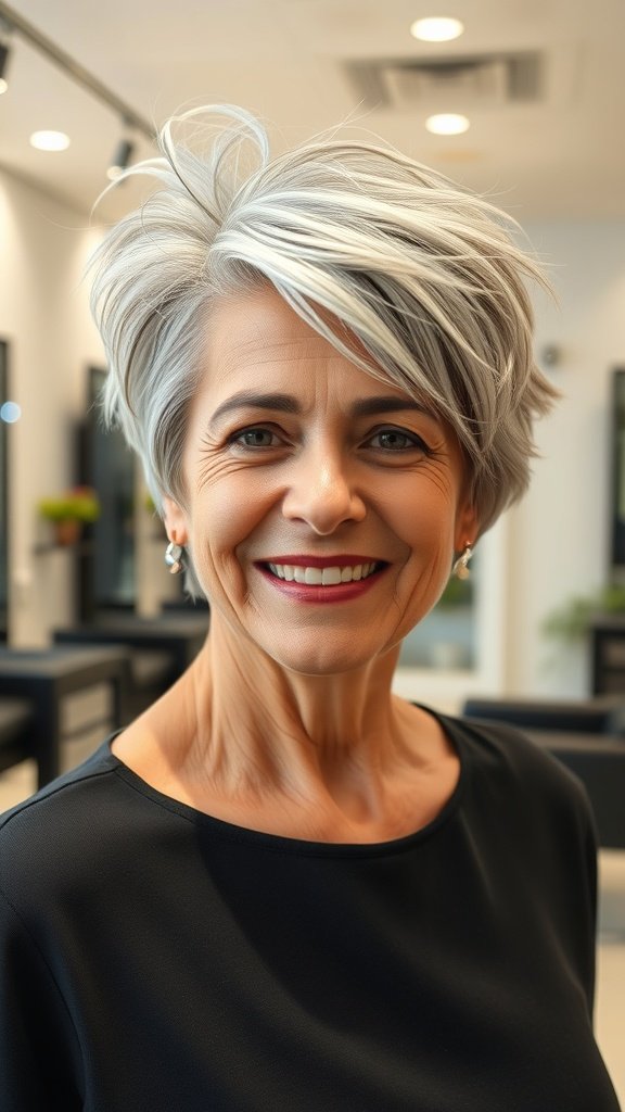 A woman with a textured short crop hairstyle featuring feathered sides, smiling confidently.