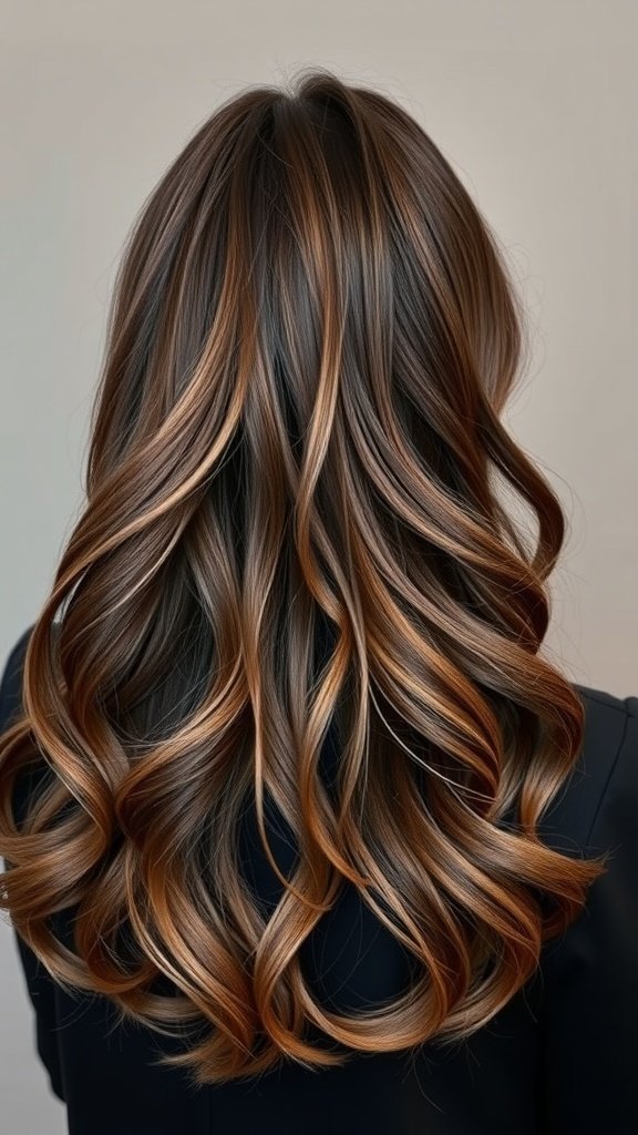 A hairstyle featuring rich brown hair with cappuccino highlights styled in soft waves.