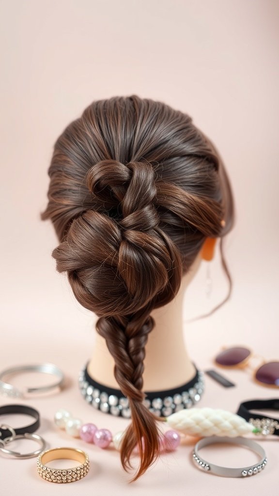 A twisted bun hairstyle with a fishtail braid accent, surrounded by various accessories.