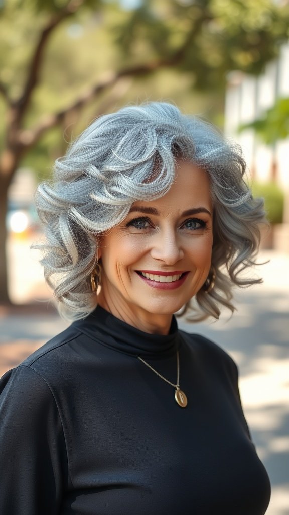 A woman with voluminous silver curls smiling outdoors.