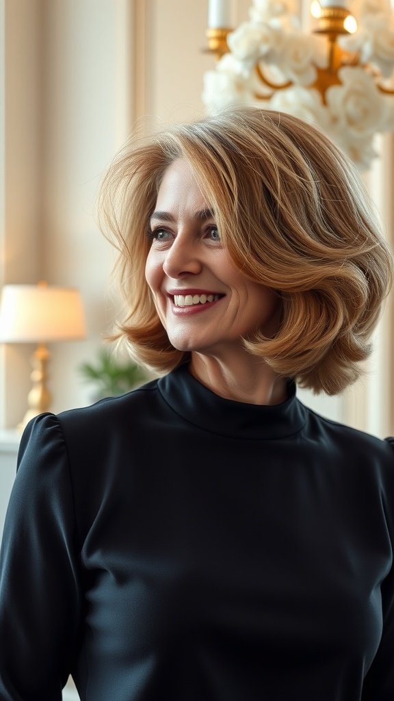 A woman with a voluminous wavy bob hairstyle, smiling and looking elegant.