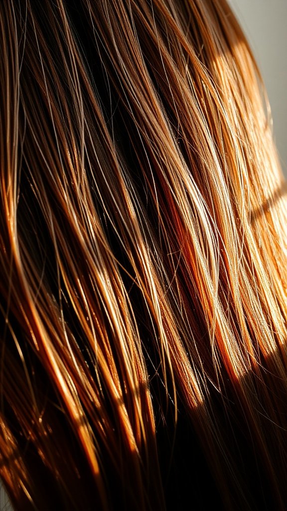 Close-up of dark brown hair with warm chestnut highlights