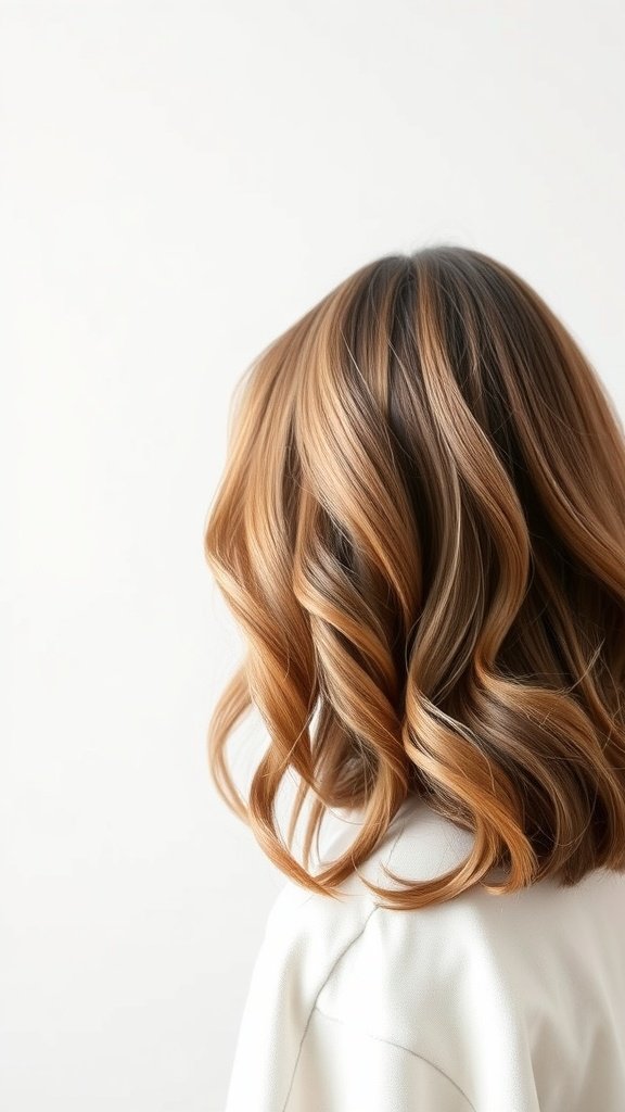 A close-up view of a wavy hush cut hairstyle with an ombre effect, showcasing soft waves and a gradient color transition.
