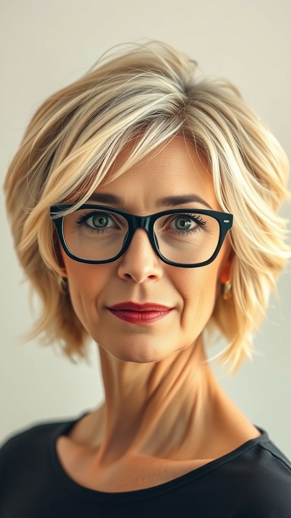 A woman over 50 with a wavy shag cut and golden highlights, wearing glasses.