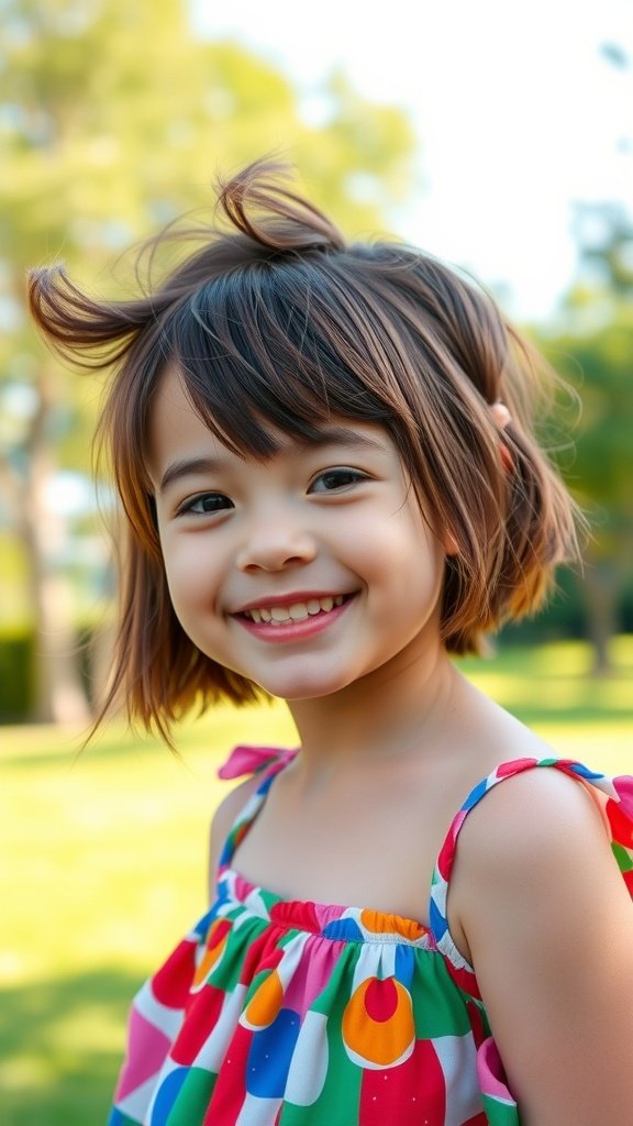 A young girl with a wedge cut hairstyle featuring flipped ends, smiling in a colorful dress.