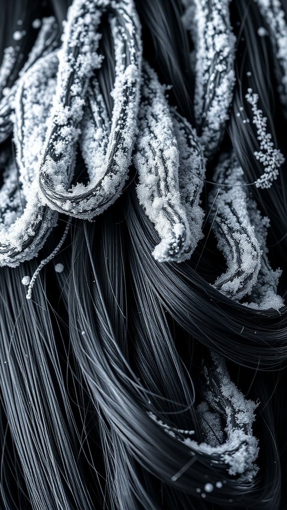 Close-up of raven-black hair with white snow highlights, showcasing a striking contrast.