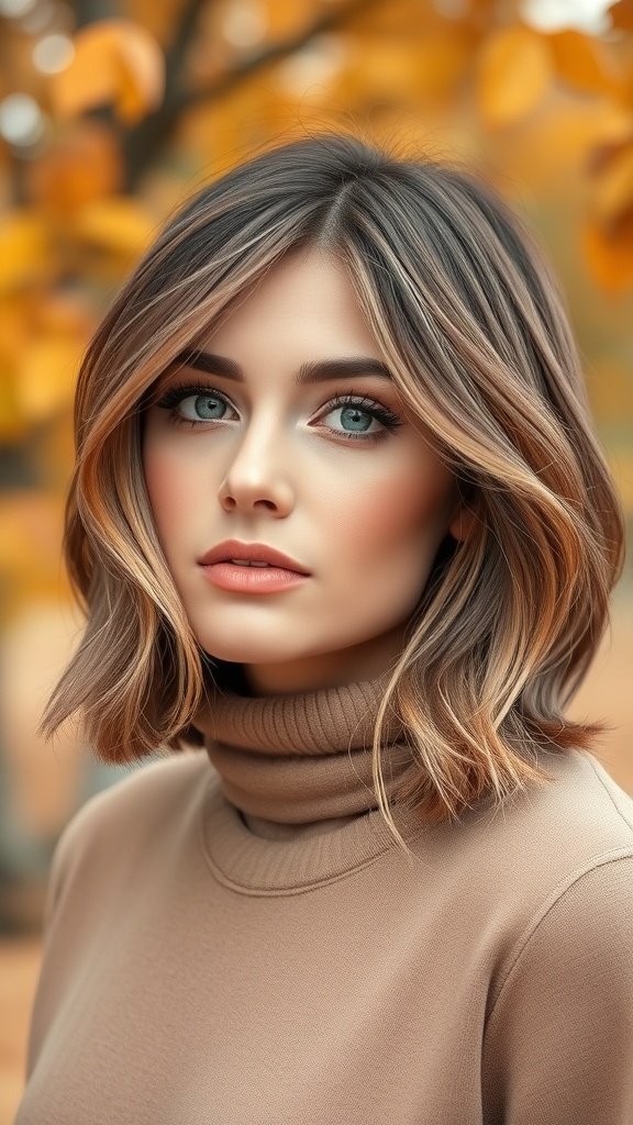A woman with a wispy chin-length layered bob haircut, wearing a turtleneck, surrounded by autumn leaves.
